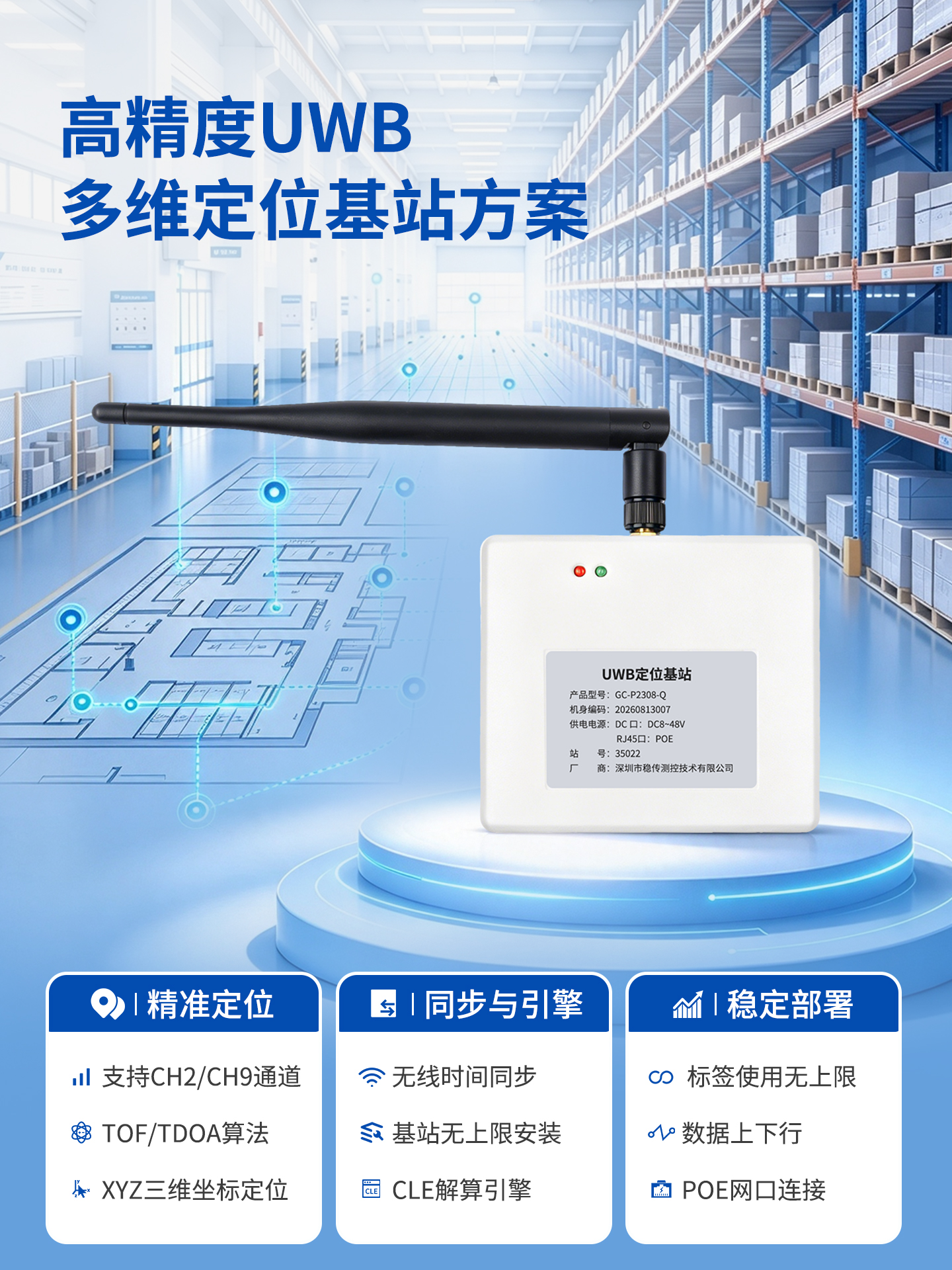 UWB超宽带定位基站TOF/TDOA算法POE基站矿井隧道工地二维三维定位CH2CH9,稳传测控